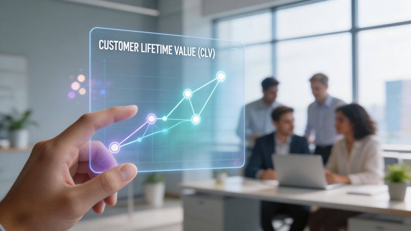 E-ticarette CLV hesaplaması ve müşteri değeri temsil eden soyut veri görseli.