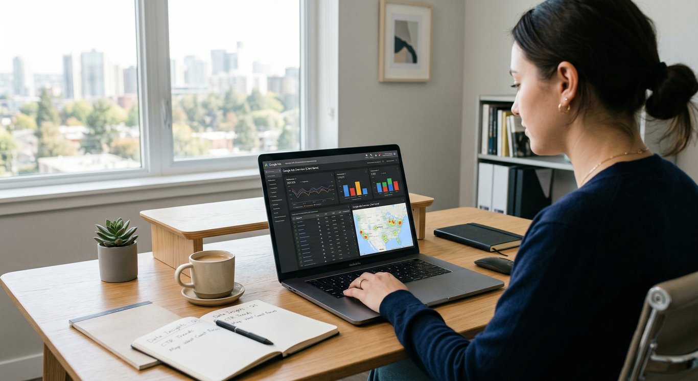 Profesyonel bir dijital pazarlama uzmanının reklam paneli üzerinden yerel kampanya yönetimi