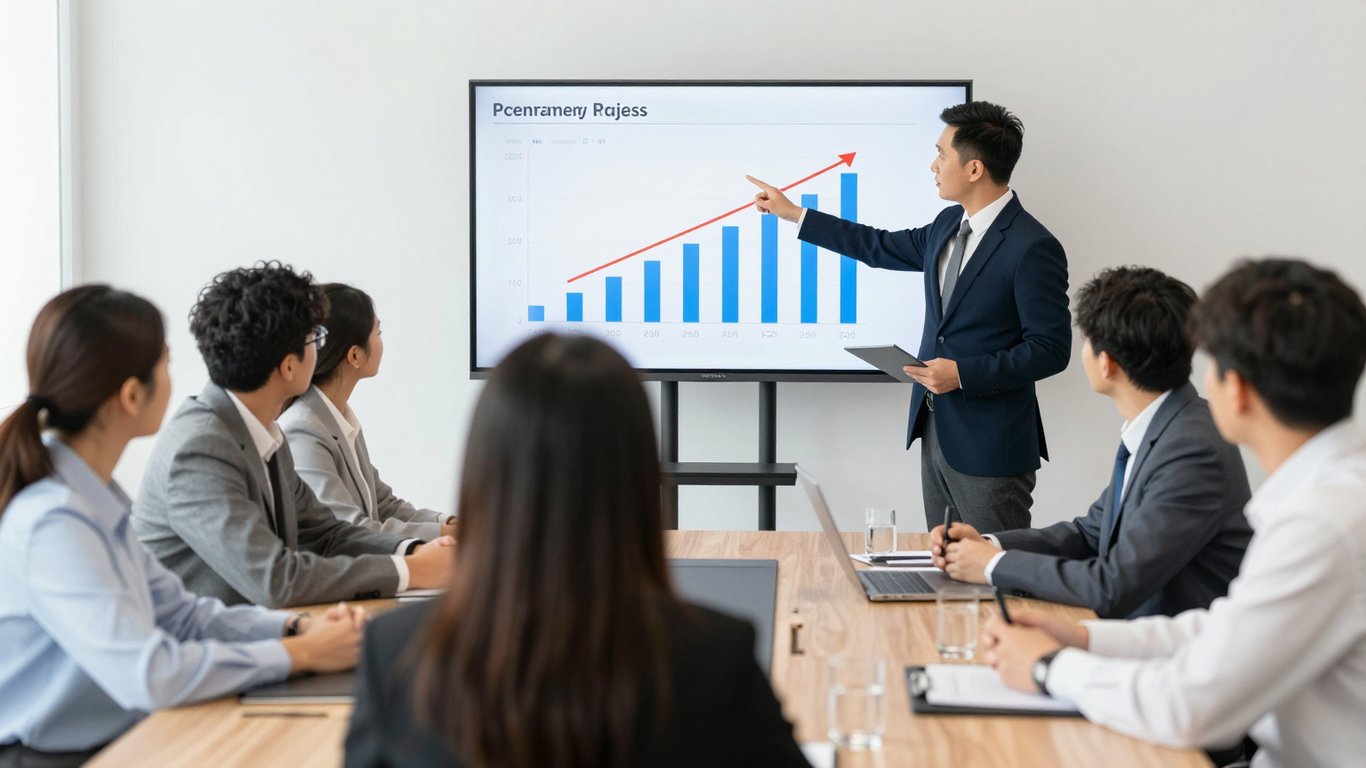 Profesyonel bir danışmanın toplantı odasında performans artışını gösteren verileri sunduğu gerçekçi bir fotoğraf