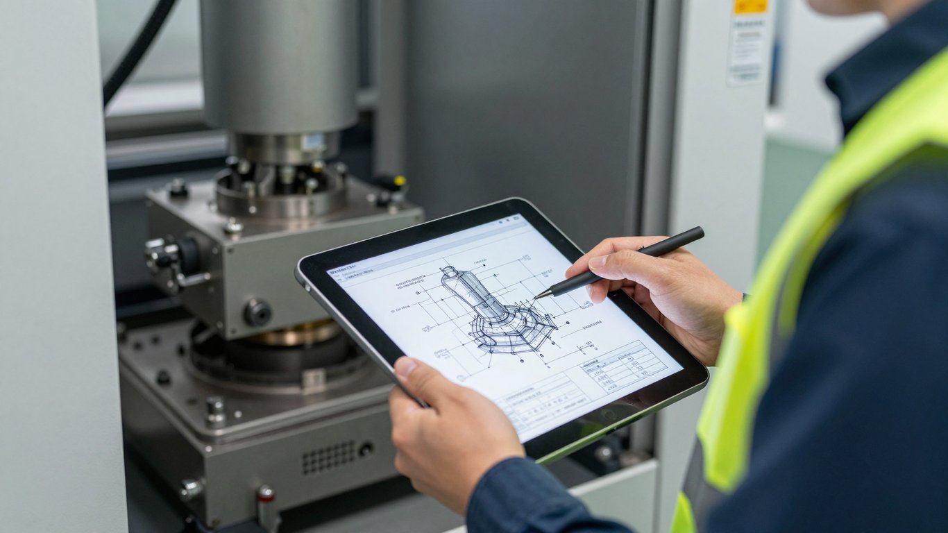 Teknik mühendislik dökümanlarını inceleyen bir profesyonel