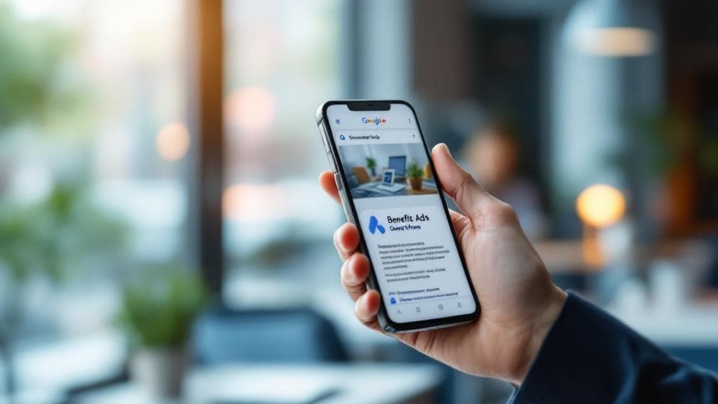 Kullanıcı odaklı Google Ads metni örneğini gösteren akıllı telefon ekranı.