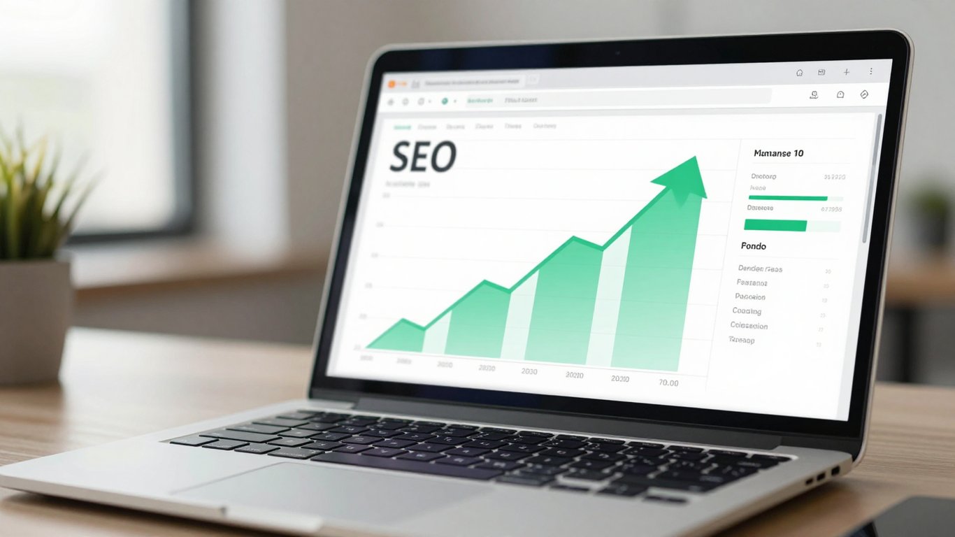 SEO denetim panelindeki yükseliş grafiklerini gösteren laptop ekranı