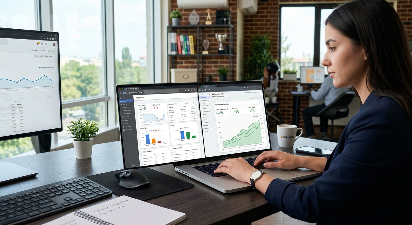 E-ticaret reklam performansı ve Merchant Center teşhis ekranı