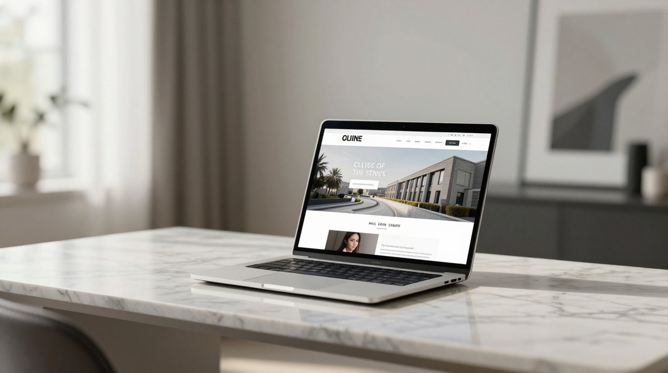 Lüks ve minimal bir çalışma alanında modern bir web tasarımı sergileniyor