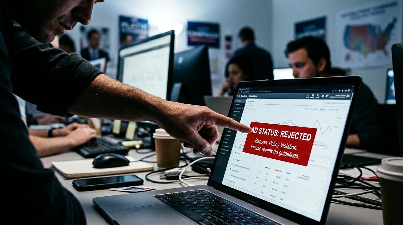 Siyasi reklam reddedilme uyarısı ve çözüm arayışı gösteren dijital pazarlama görseli.