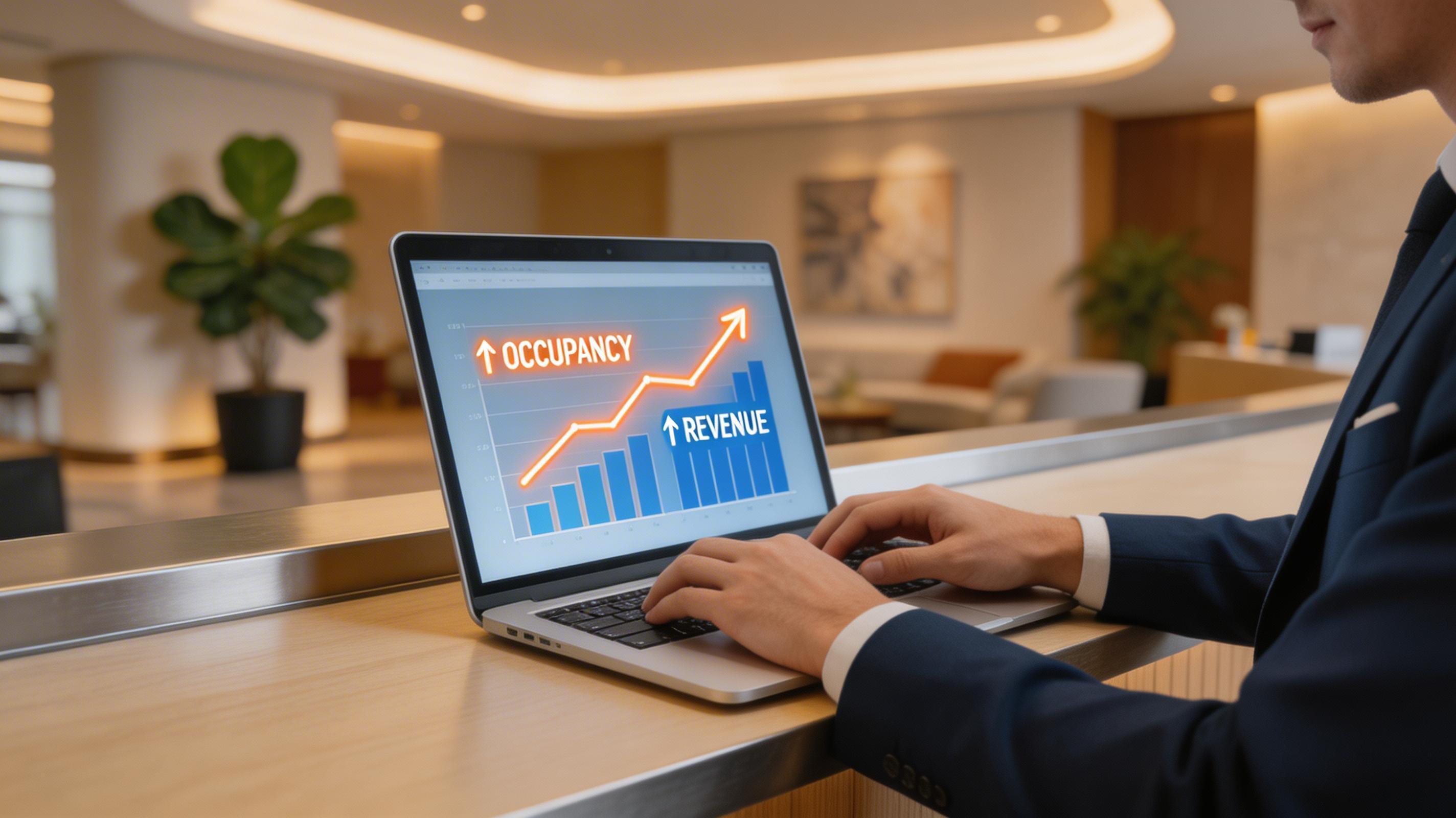 Otel SEO çalışması için dijital strateji ve büyüme kavramlarını yansıtan profesyonel bir otel lobisi görüntüsü.