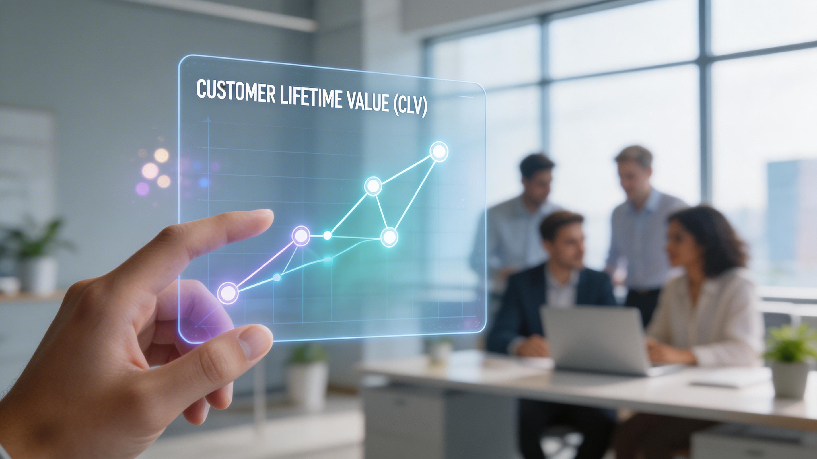 E-ticarette CLV hesaplaması ve müşteri değeri temsil eden soyut veri görseli.