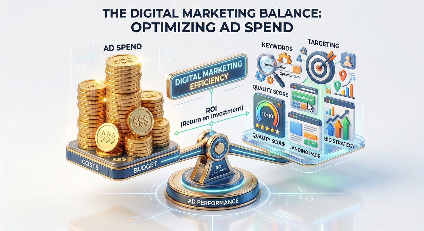 Google Ads bütçe ve performans dengesini gösteren profesyonel 3D infografik