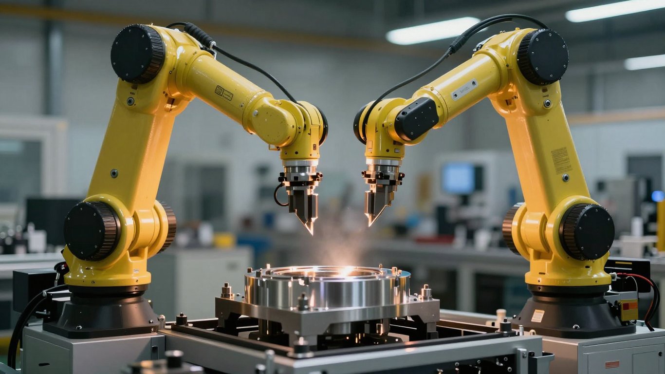 Modern bir fabrikada hassas üretim yapan robotik kollar ve endüstriyel estetik