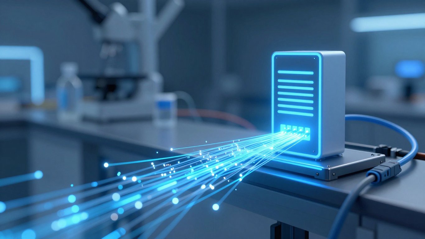 Modern ve hızlı web sitesi yazılım mimarisini temsil eden dijital veri akışı