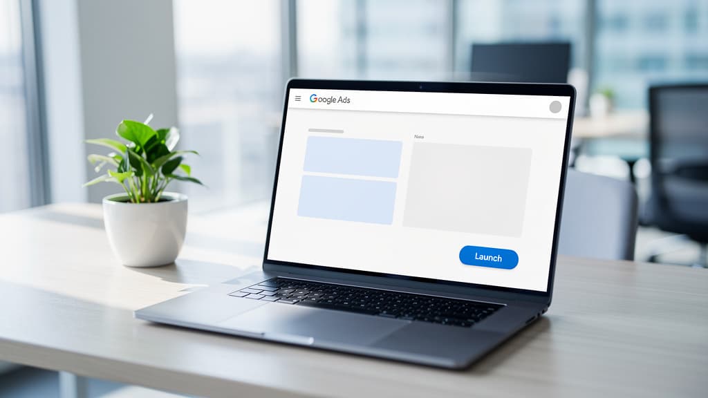 Google Ads'in 5 dakikada ilk reklamı yayına alma sürecini gösteren modern bir ofis sahnesi.