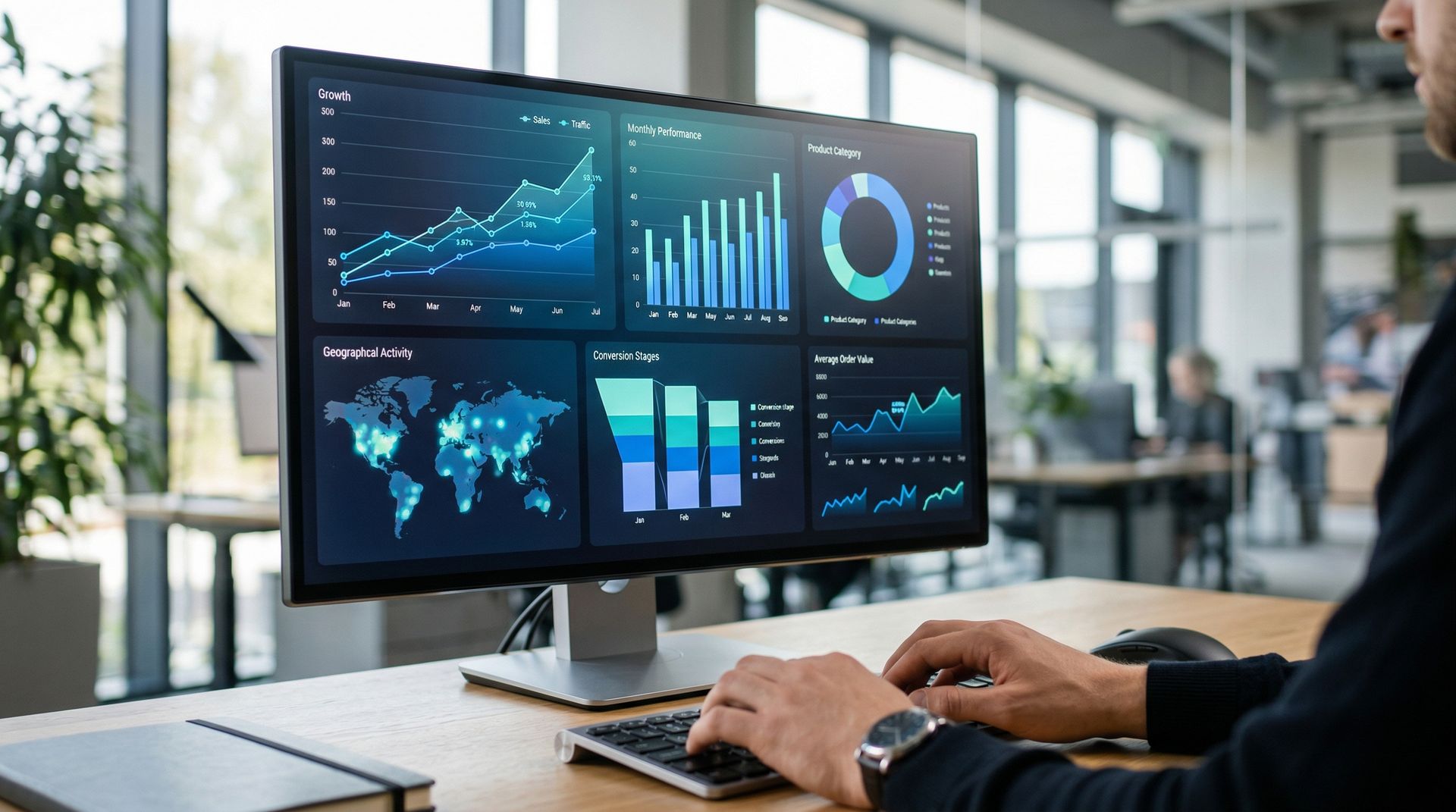 E-ticaret analitik panosu ve ışık hızında SEO ile satışları artırma konsepti.