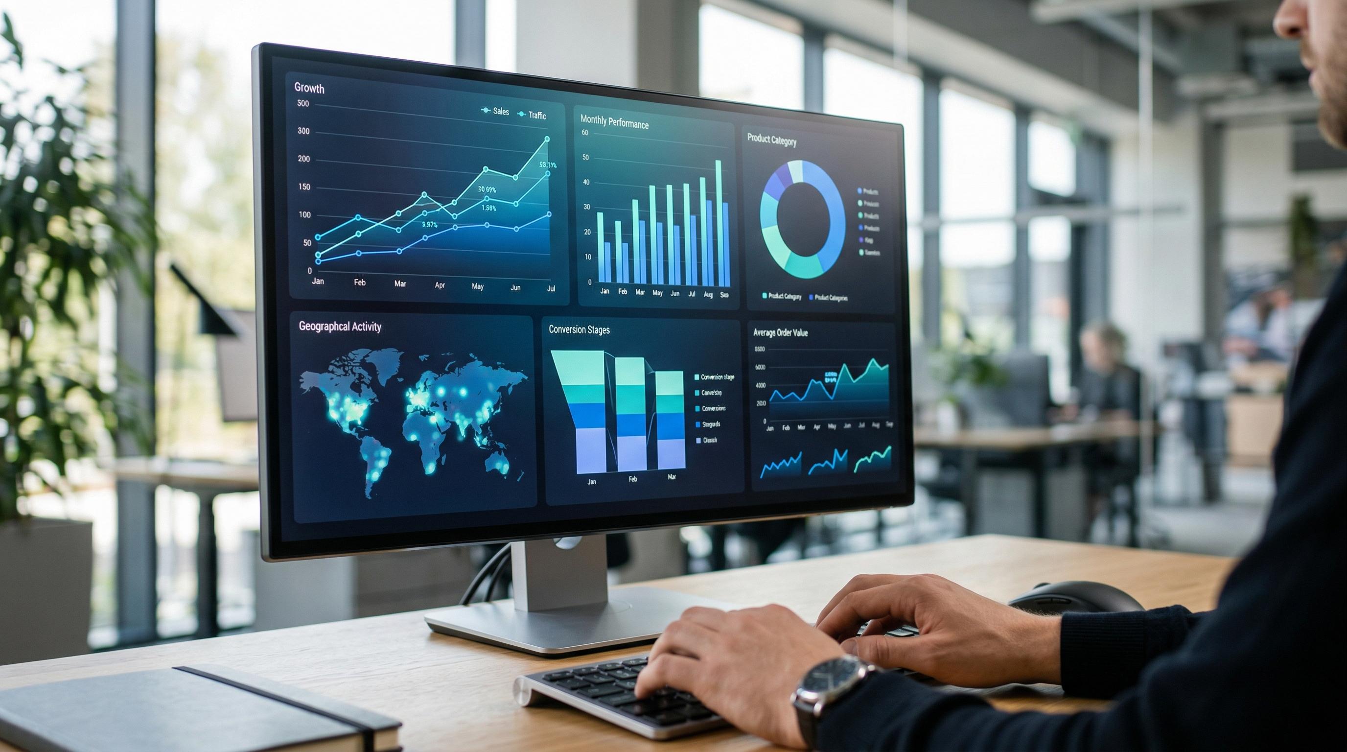 E-ticaret analitik panosu ve ışık hızında SEO ile satışları artırma konsepti.