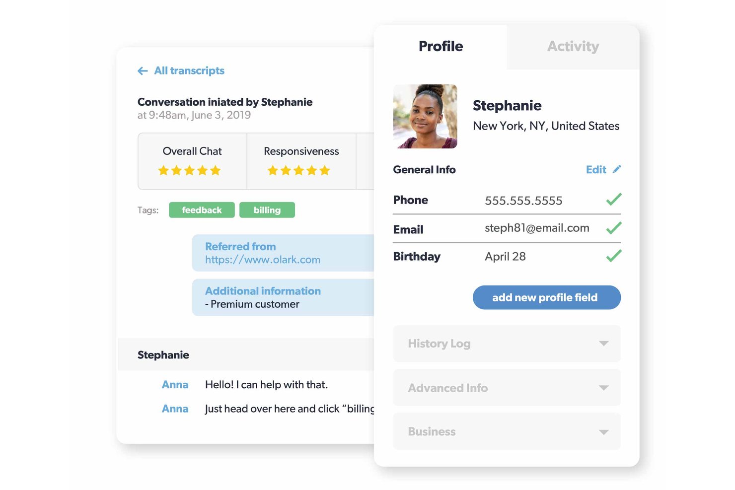 Olark chat transcript and customer profile panel with contact details and ratings.