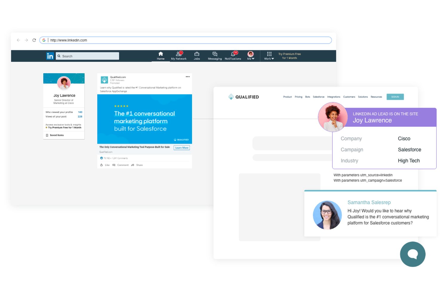 Pannello di controllo di Qualified che mostra Joy Lawrence, lead proveniente da un annuncio LinkedIn, mentre visita il sito web di Qualified con un prompt di chat dal vivo.