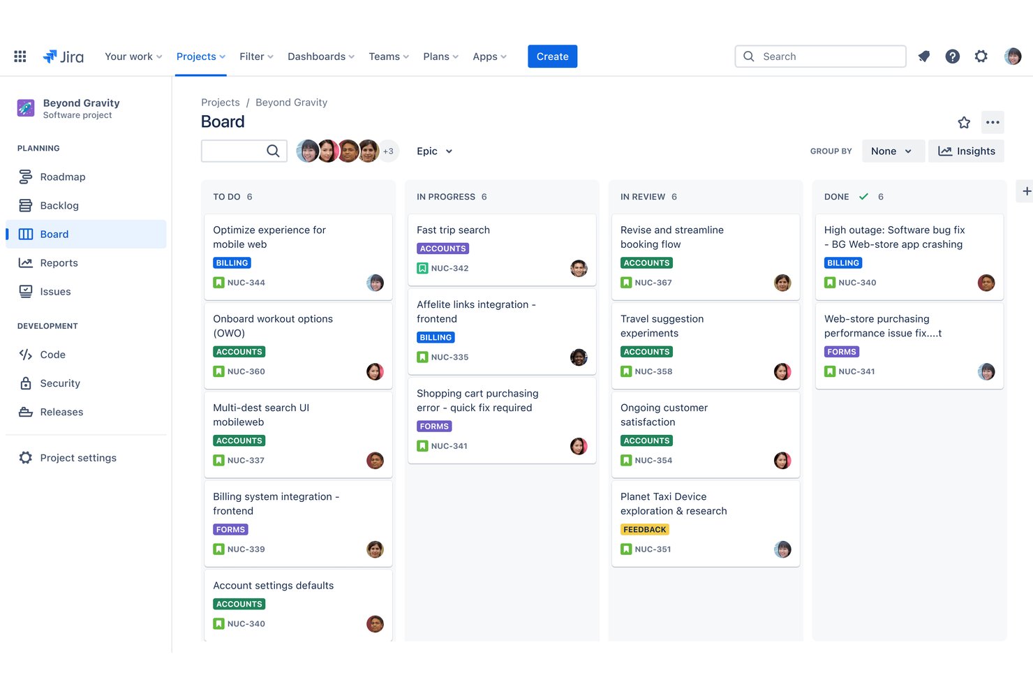 Tablero kanban de Jira con cuatro columnas que muestran 24 tarjetas de tareas en distintas etapas del sprint.