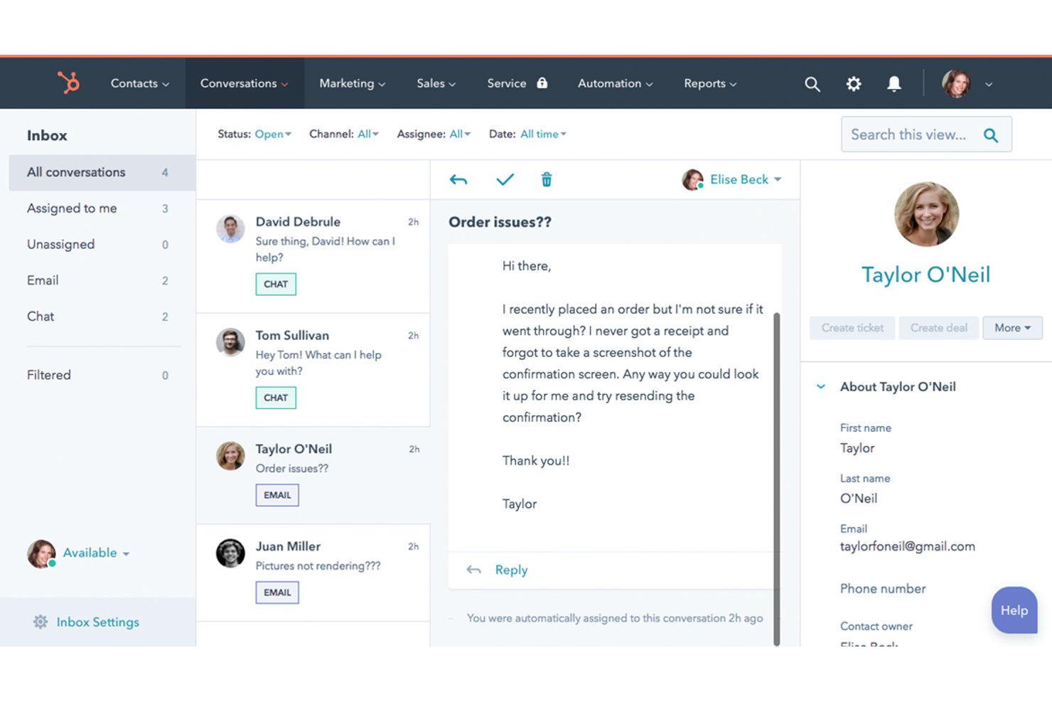 Casella di posta di HubSpot che mostra un'email di Taylor O'Neil relativa a problemi con un ordine, con il pannello dei dettagli del contatto.