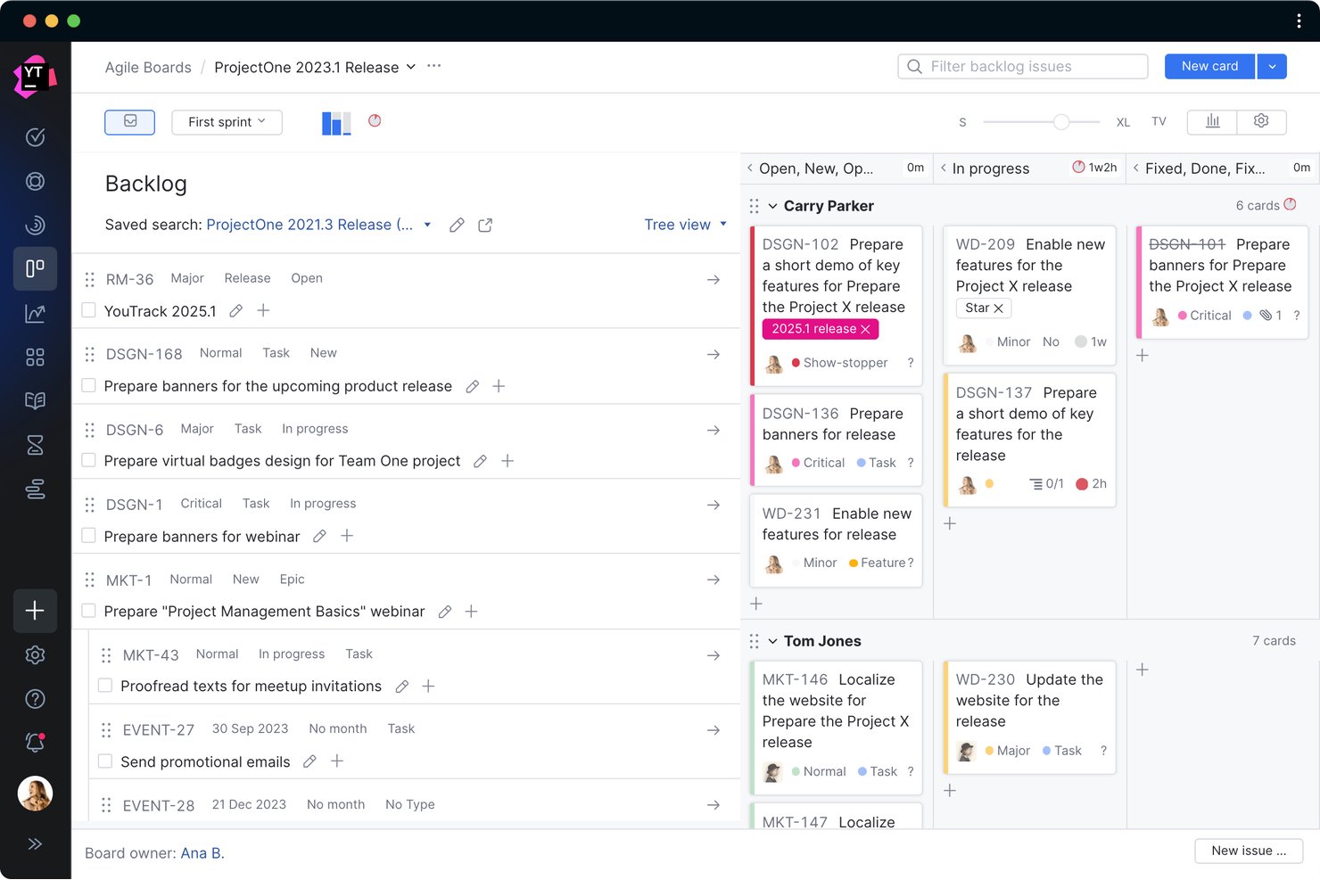 Tablero ágil de YouTrack que muestra una lista de trabajo pendiente y columnas Kanban con tarjetas de sprints.