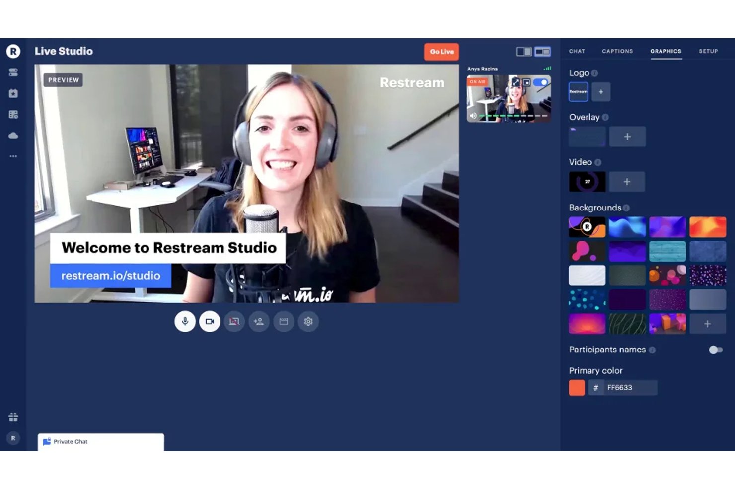 Restream Live Studio interface showing a woman streaming with graphics panel open.