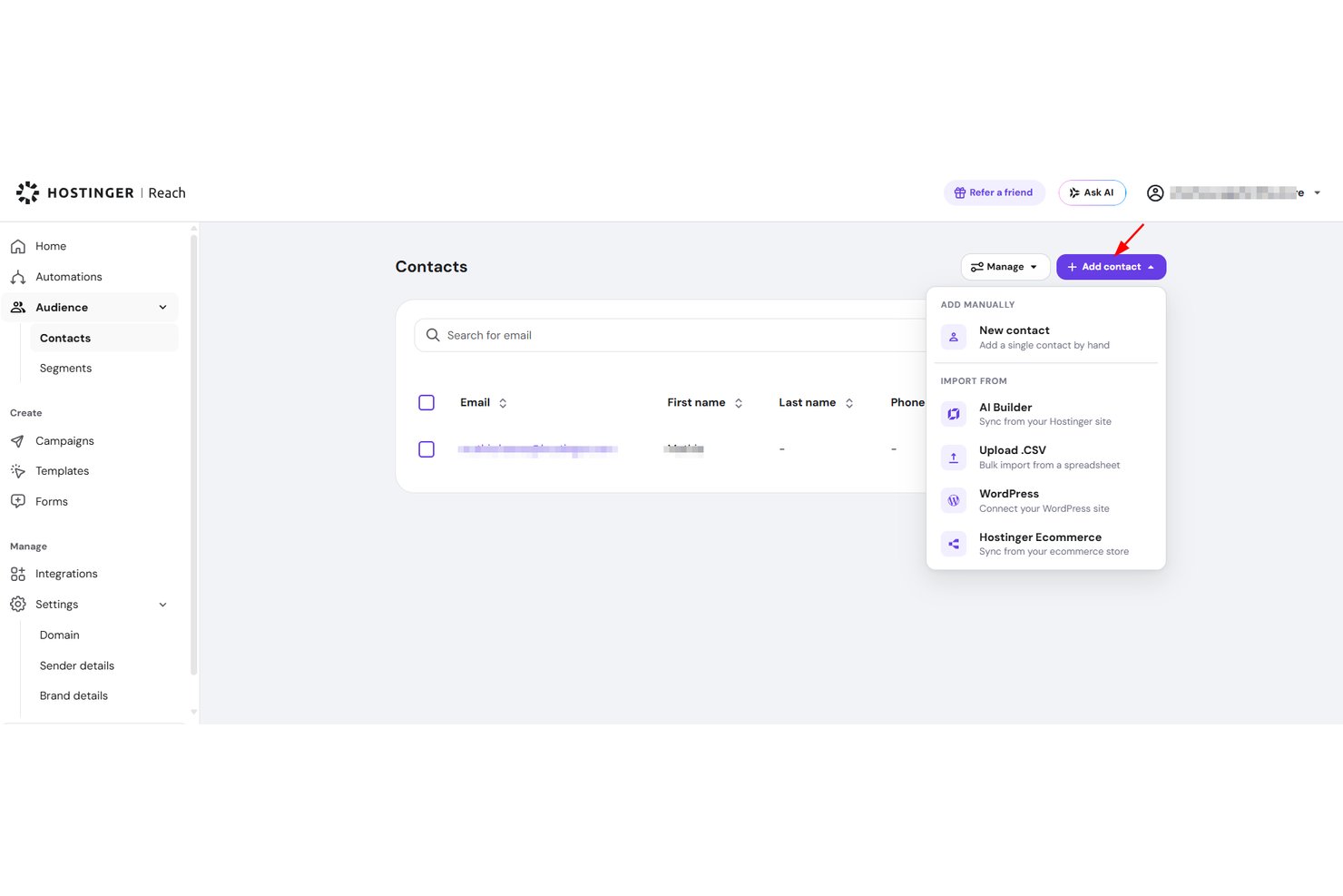 Hostinger Reach Contacts page showing Add contact dropdown menu with import options.