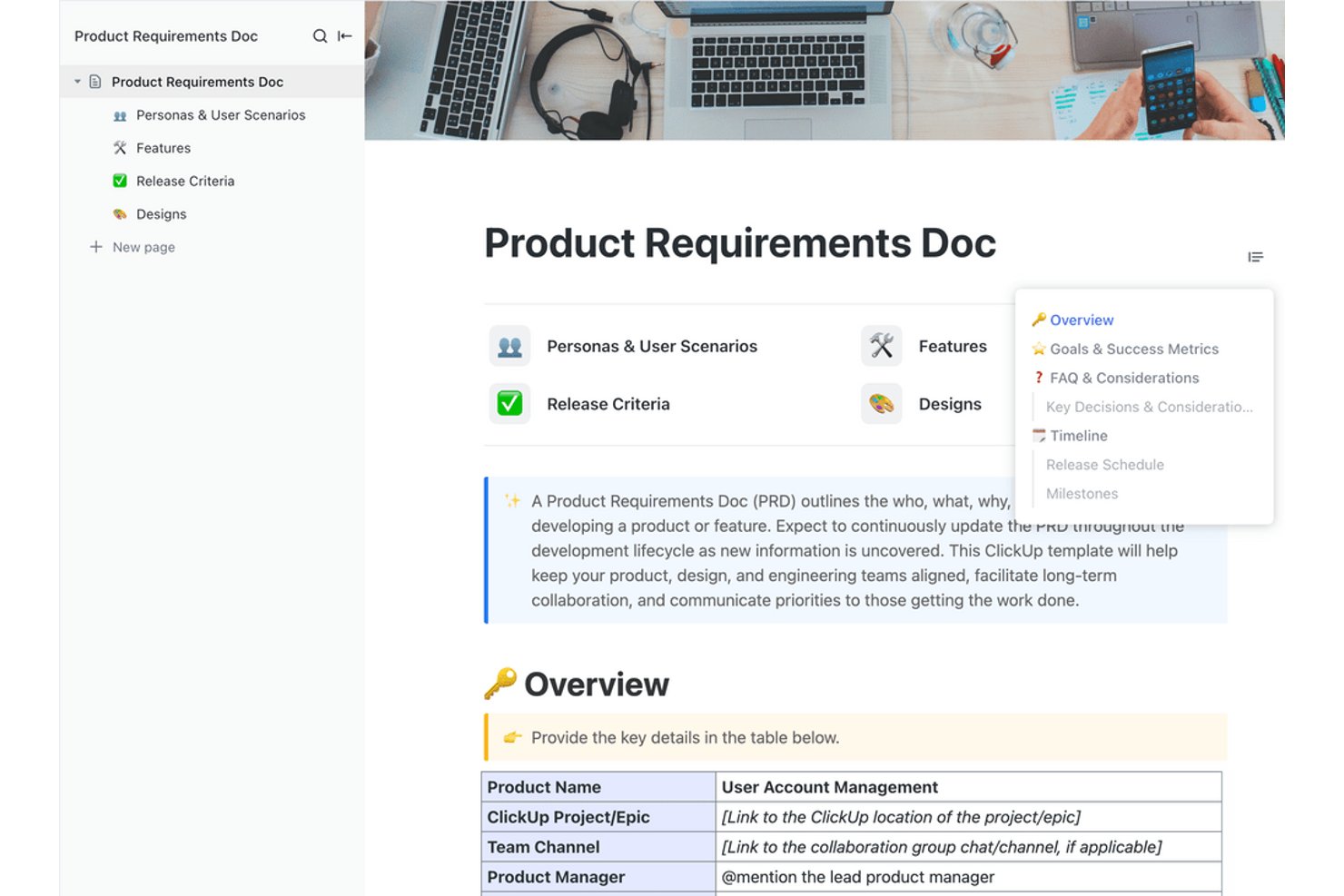 ClickUp Product Requirements Doc template with overview table and navigation panel