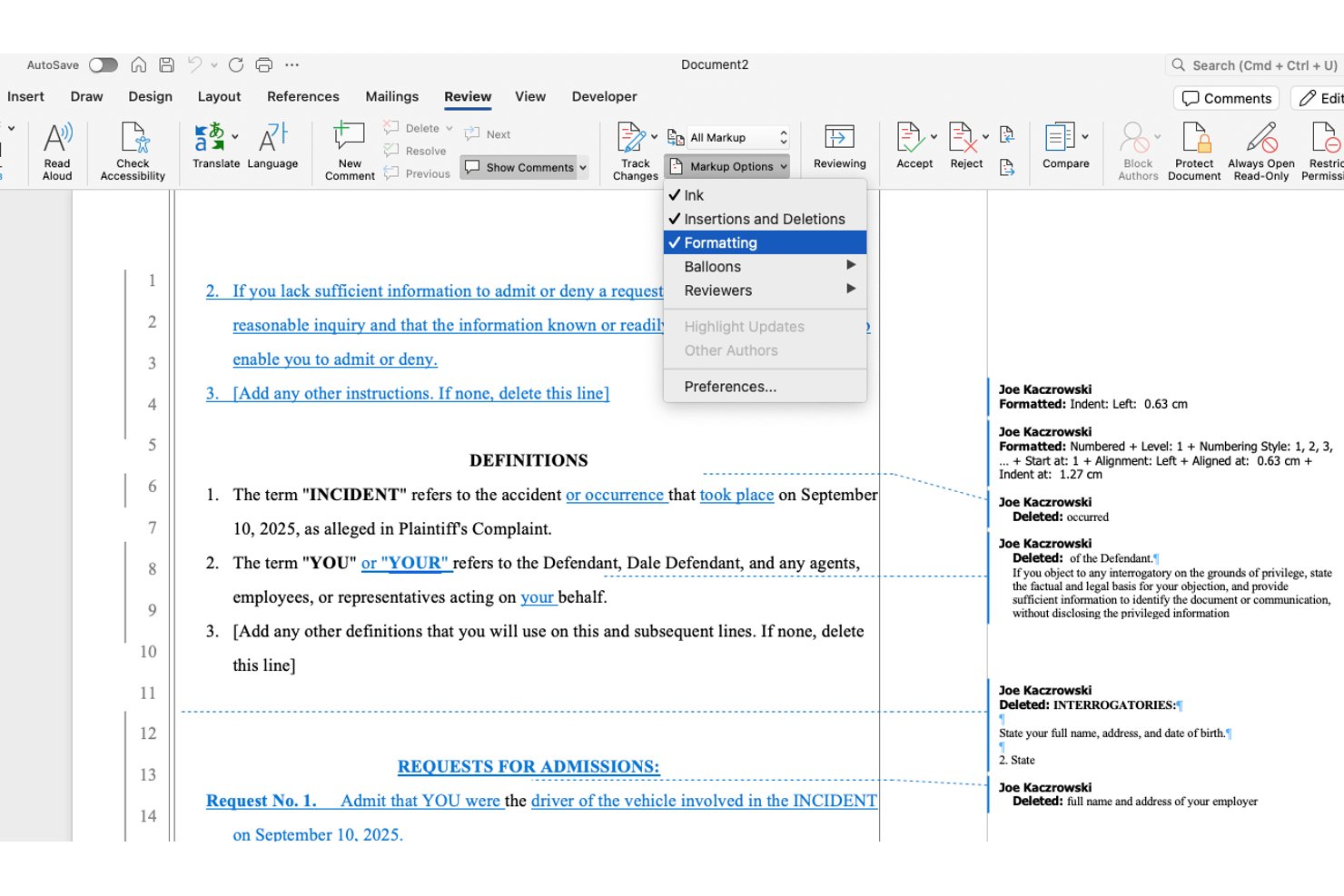 Microsoft Word document with Track Changes markup menu open showing formatting options.