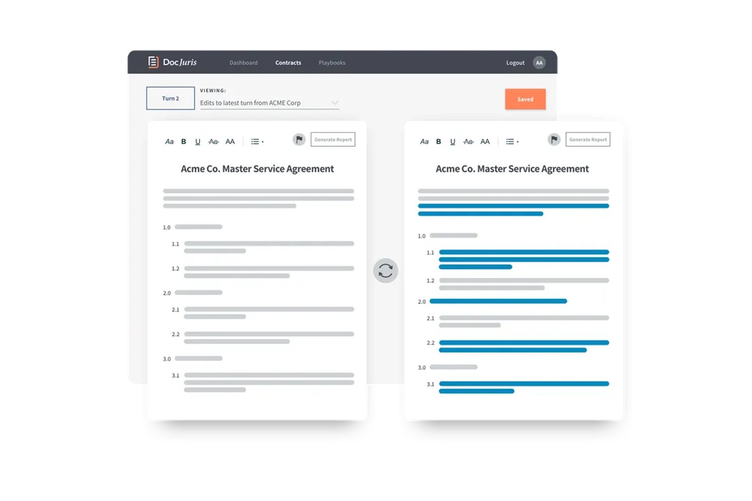 DocJuris side-by-side contract comparison showing highlighted edits in blue.
