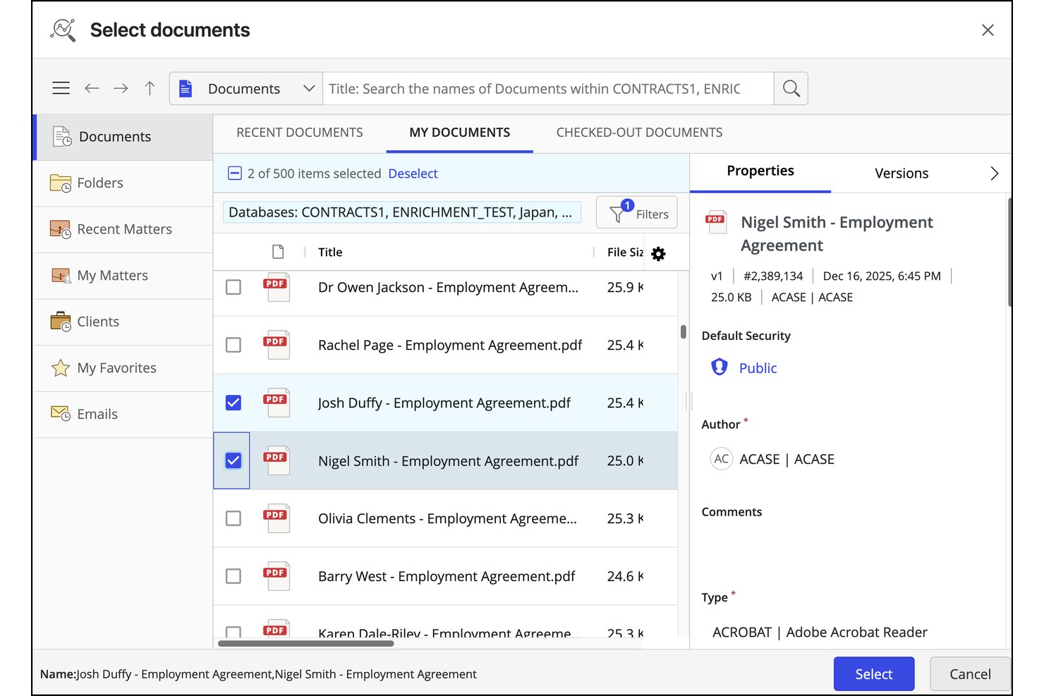 iManage Work document selector showing two employment agreements checked for selection.