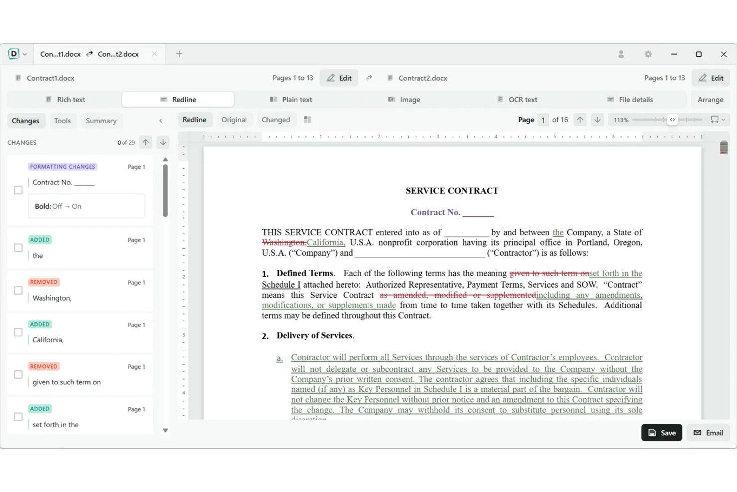 Diffchecker redline view comparing two legal service contracts with tracked changes panel.