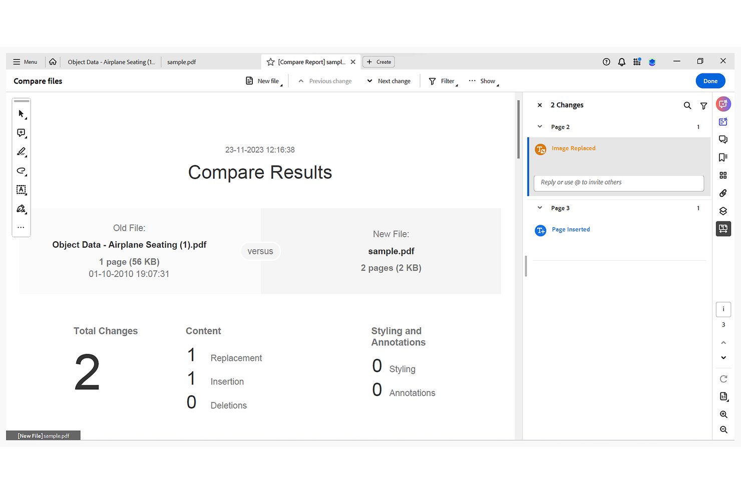 Adobe Acrobat Compare Results screen showing 2 changes across two PDF files.