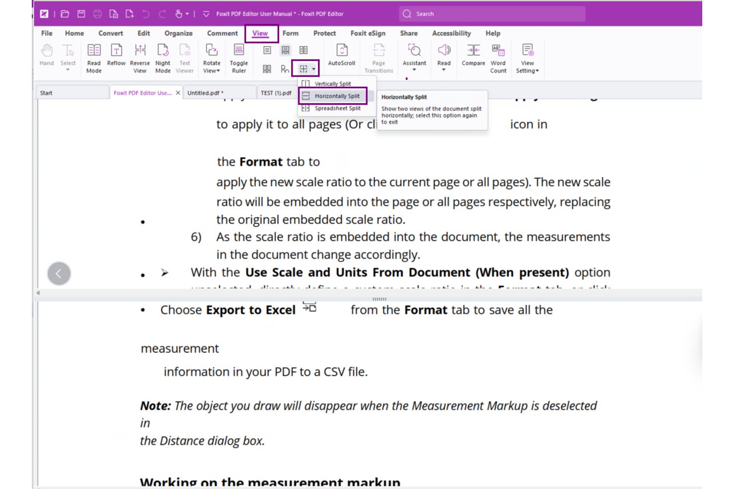 Foxit PDF Editor View tab showing Horizontally Split option selected in dropdown menu.