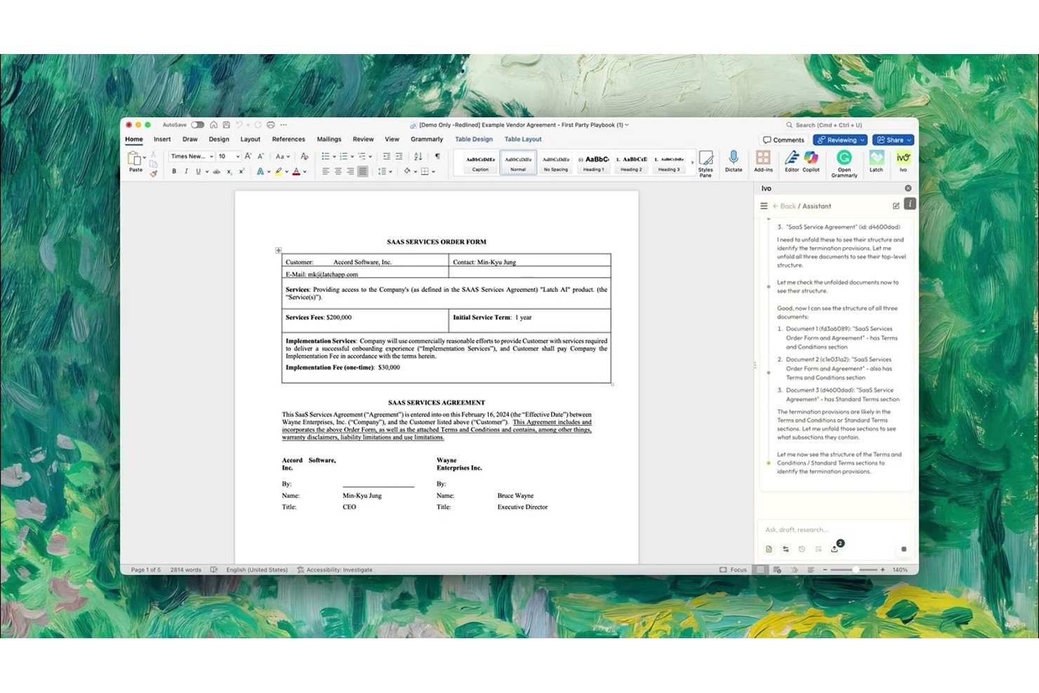 Ivo AI assistant reviewing three SaaS agreement documents in Microsoft Word.