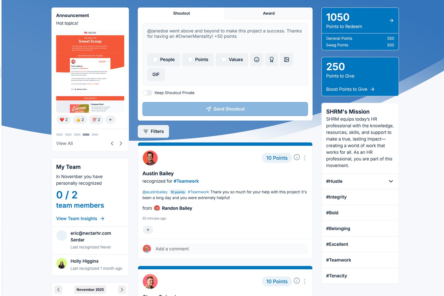 Nectar HR dashboard showing shoutout form, team recognition feed, and points balance.