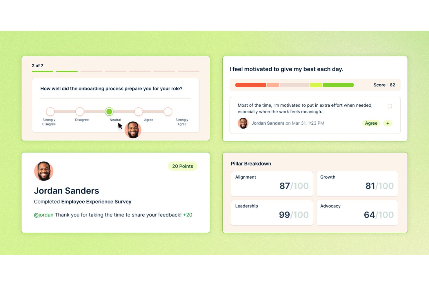 Nectar dashboard showing employee survey, engagement scores, and pillar breakdown.