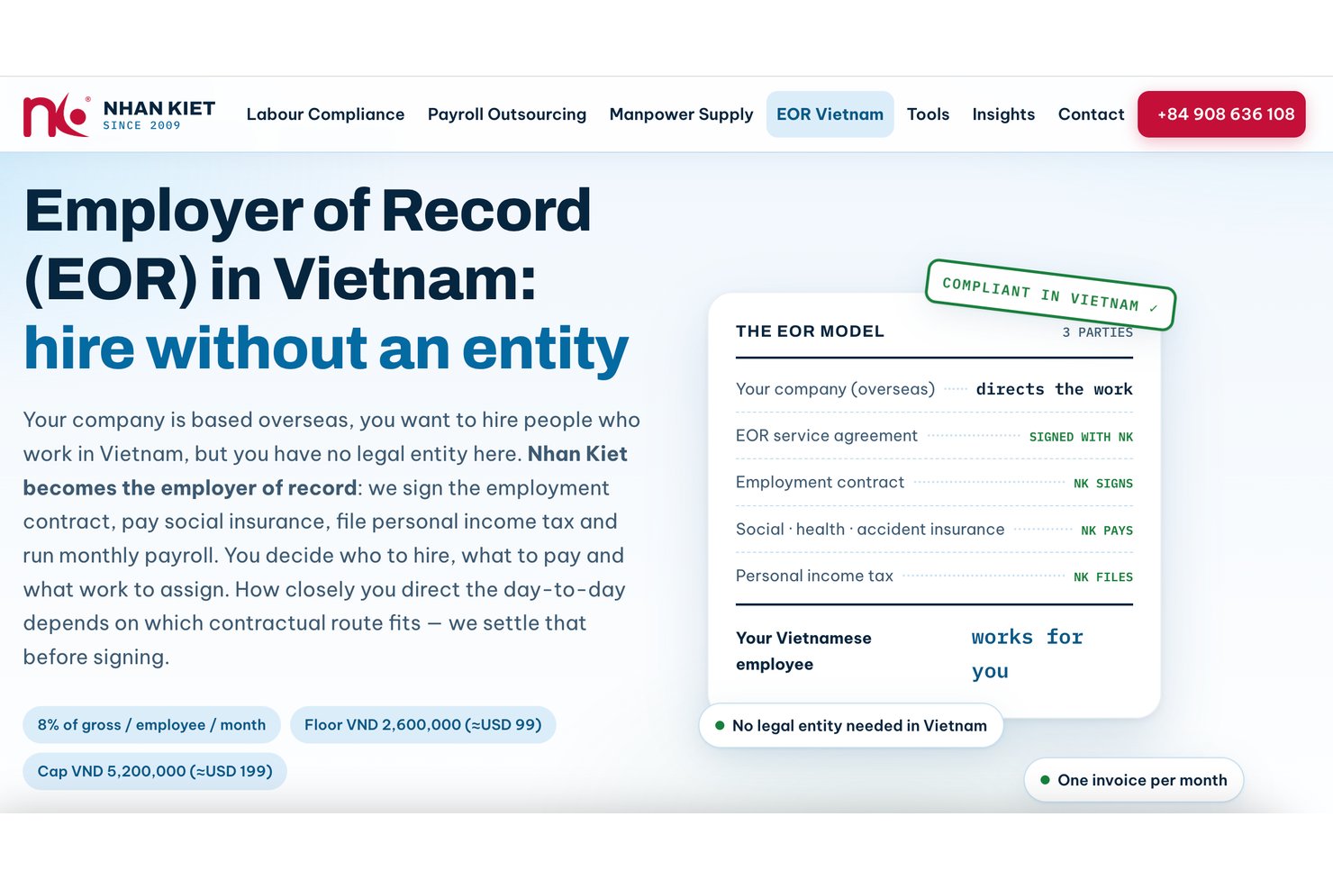 Nhan Kiet EOR Vietnam webpage showing hire without entity model and pricing.