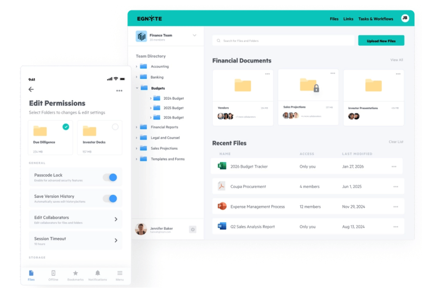 Egnyte desktop and mobile UI showing file management and permissions settings.