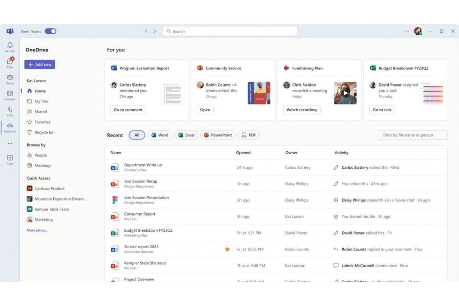 OneDrive home screen showing recent files, activity feed, and quick access panel.