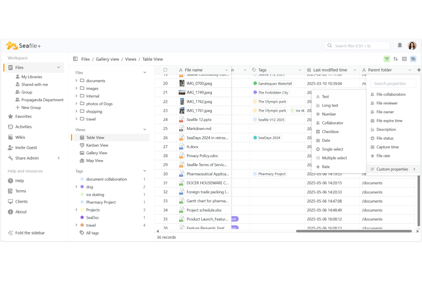 Vue en tableau de Seafile affichant les fichiers avec leurs étiquettes, leurs dates de modification et les options de colonne.