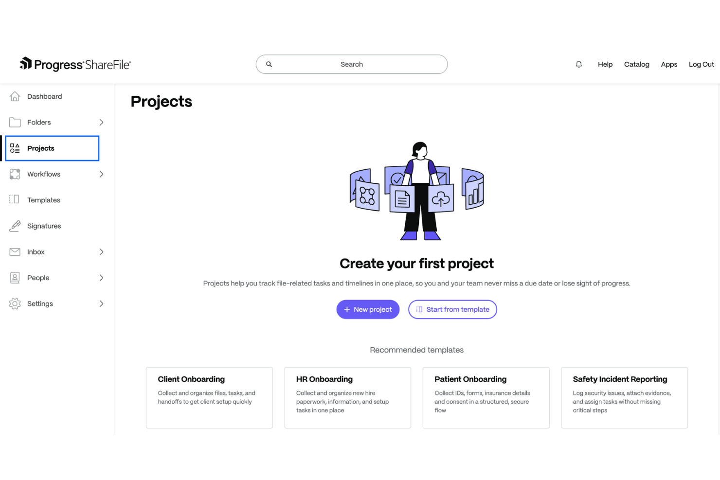 Page Projets de ShareFile affichant un état vide avec des options pour créer un projet et utiliser un modèle.