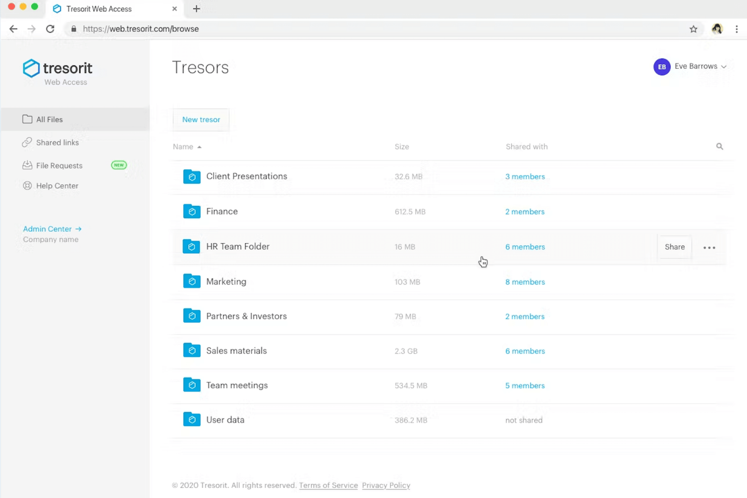 Tresorit web app showing a list of shared encrypted folders with sizes and member counts.