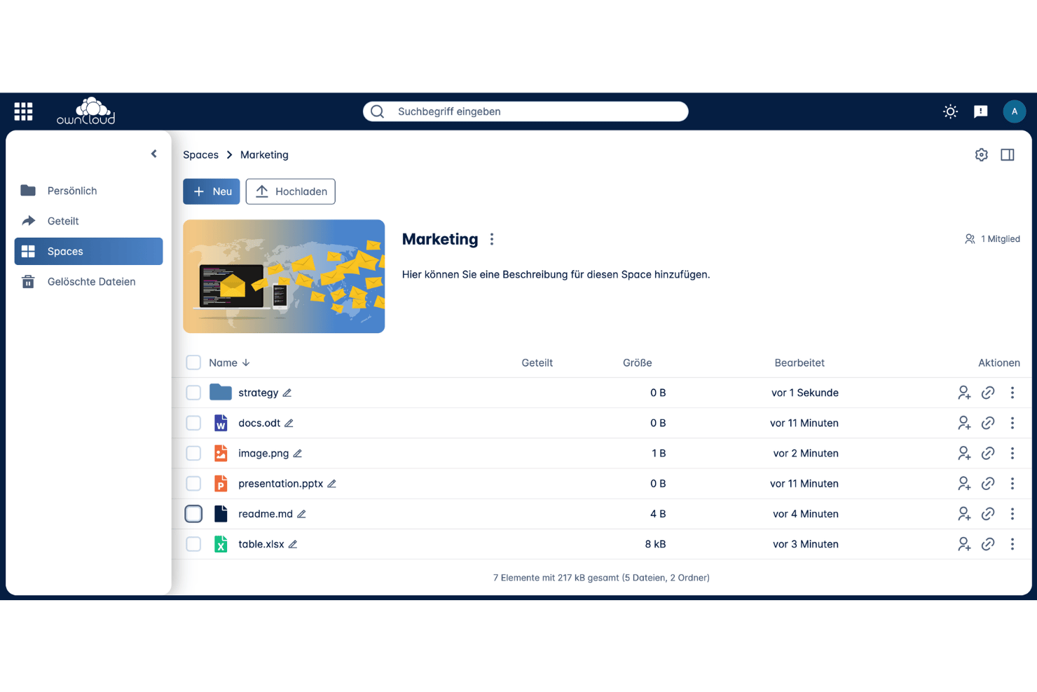 ownCloud Marketing Space showing files, folders, and sharing options in a list view.