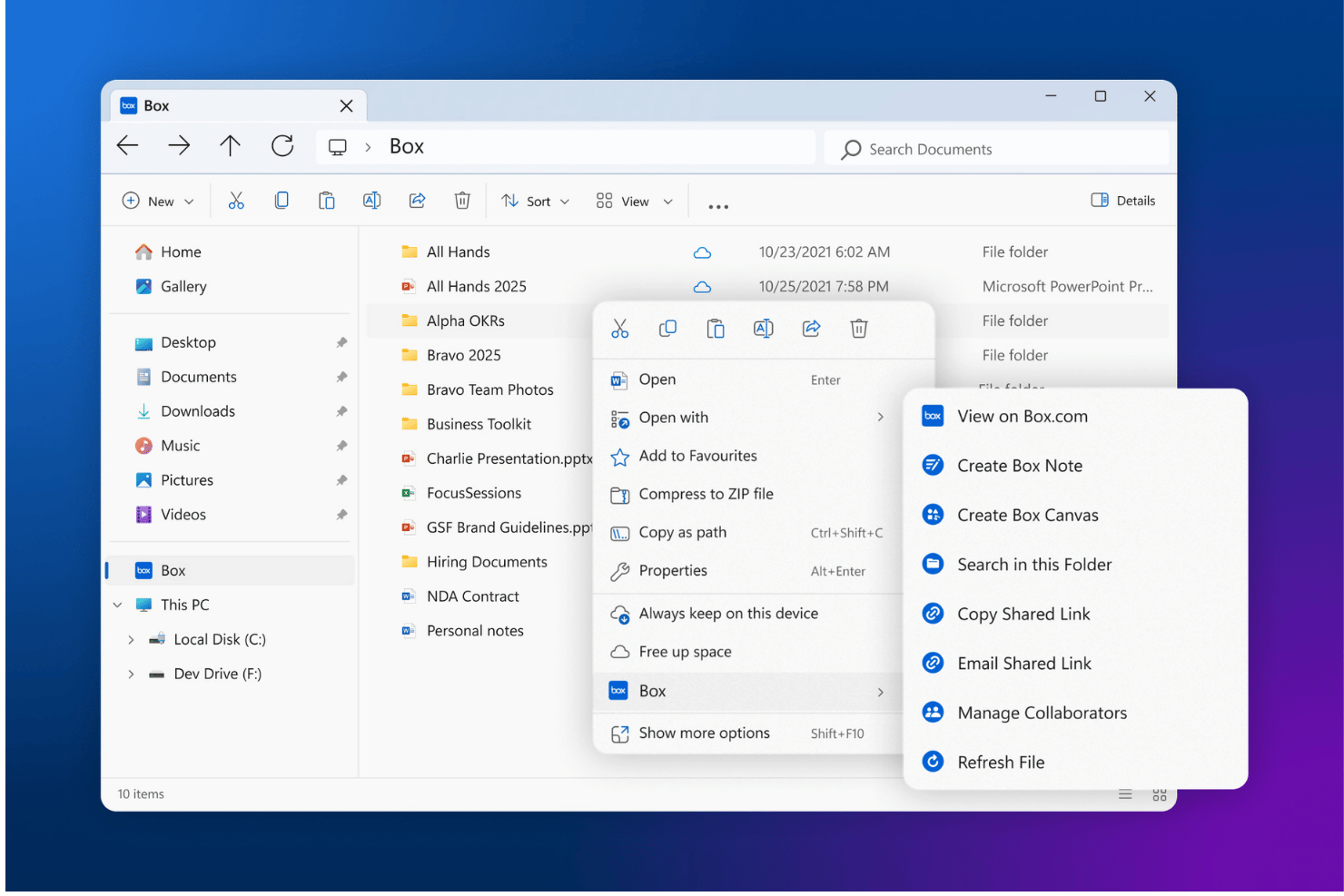 Box folder open in Windows File Explorer with right-click context menu showing Box options.