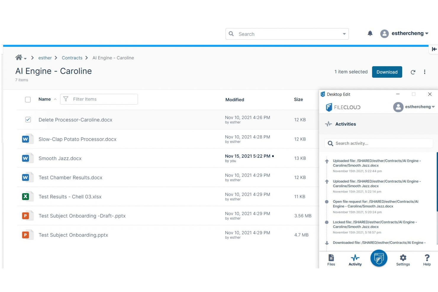 FileCloud desktop interface showing file list and activity panel with recent uploads.