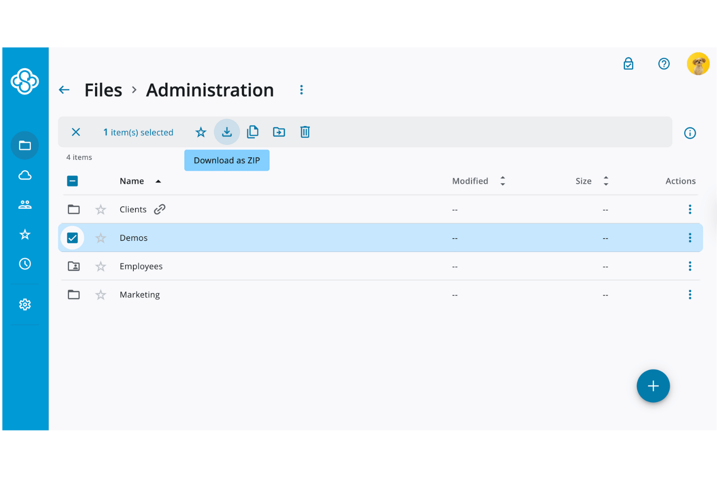 File manager showing Administration folder with Demos selected and Download as ZIP option.