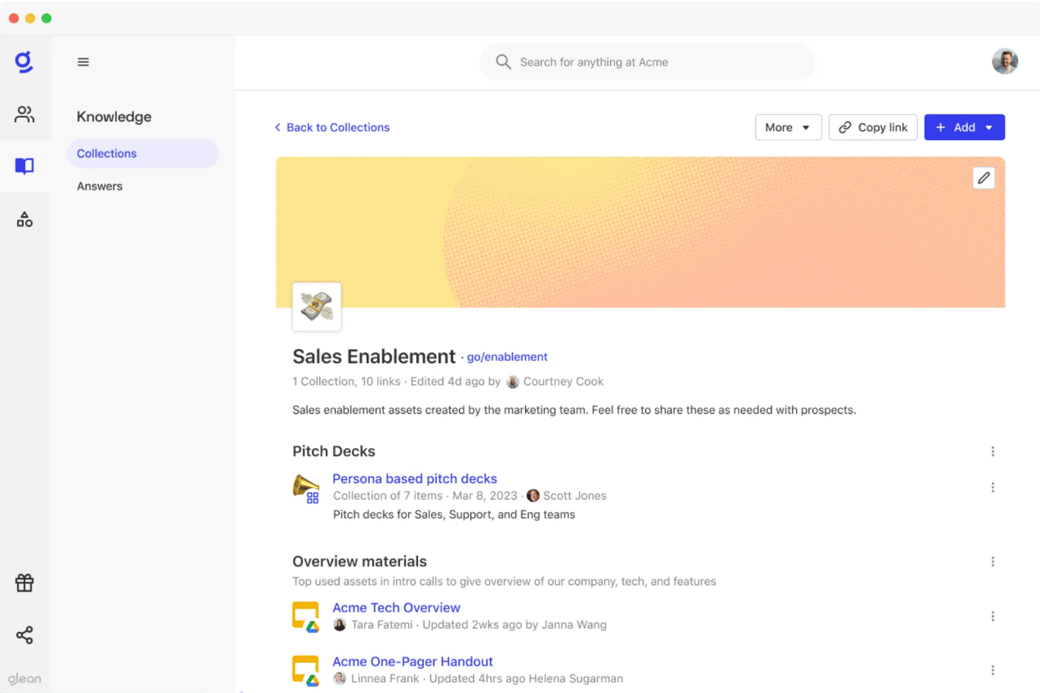 Glean Sales Enablement collection page with pitch decks and overview materials.