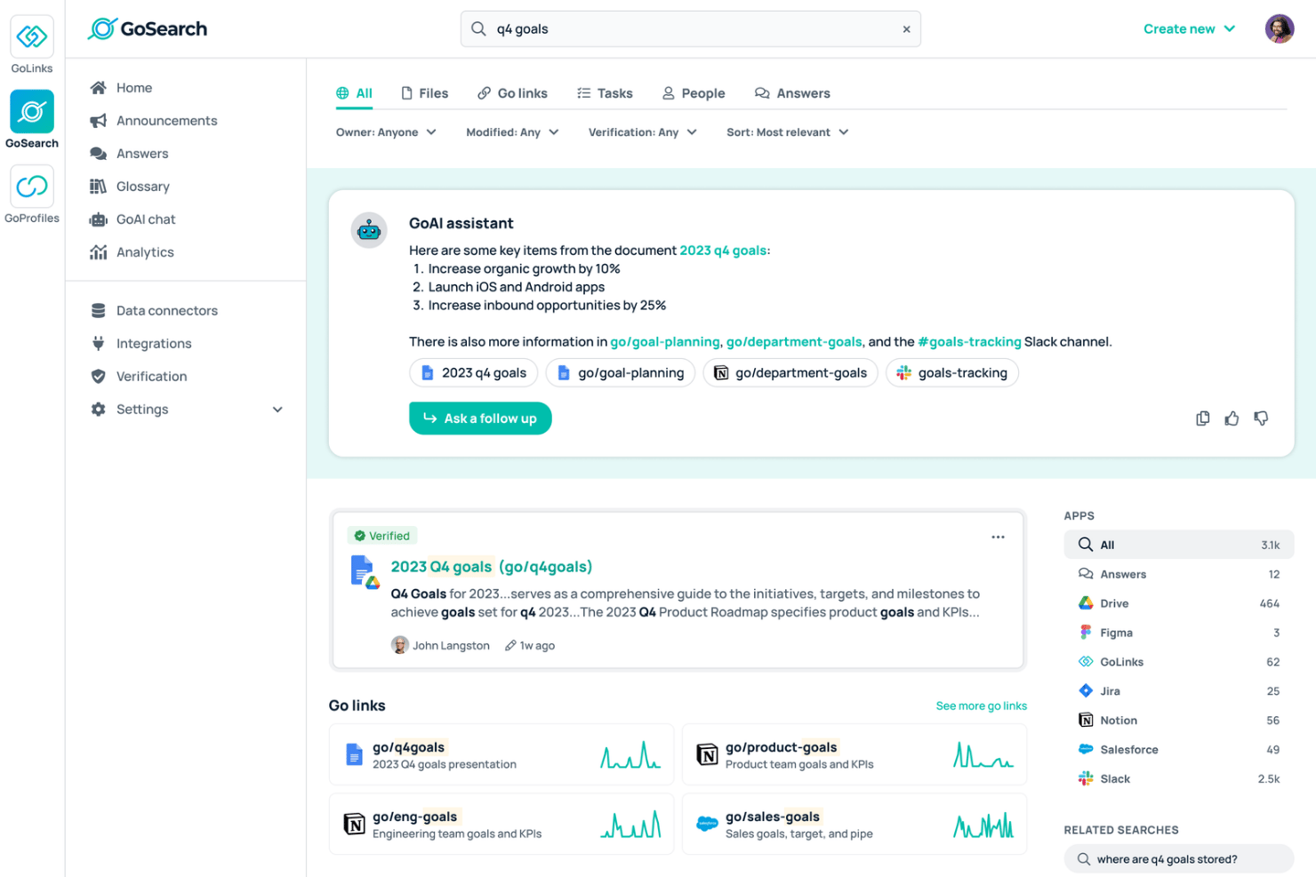 GoSearch-Oberfläche mit Ergebnissen des KI-Assistenten für die Suchanfrage 'Ziele für das 4. Quartal'.