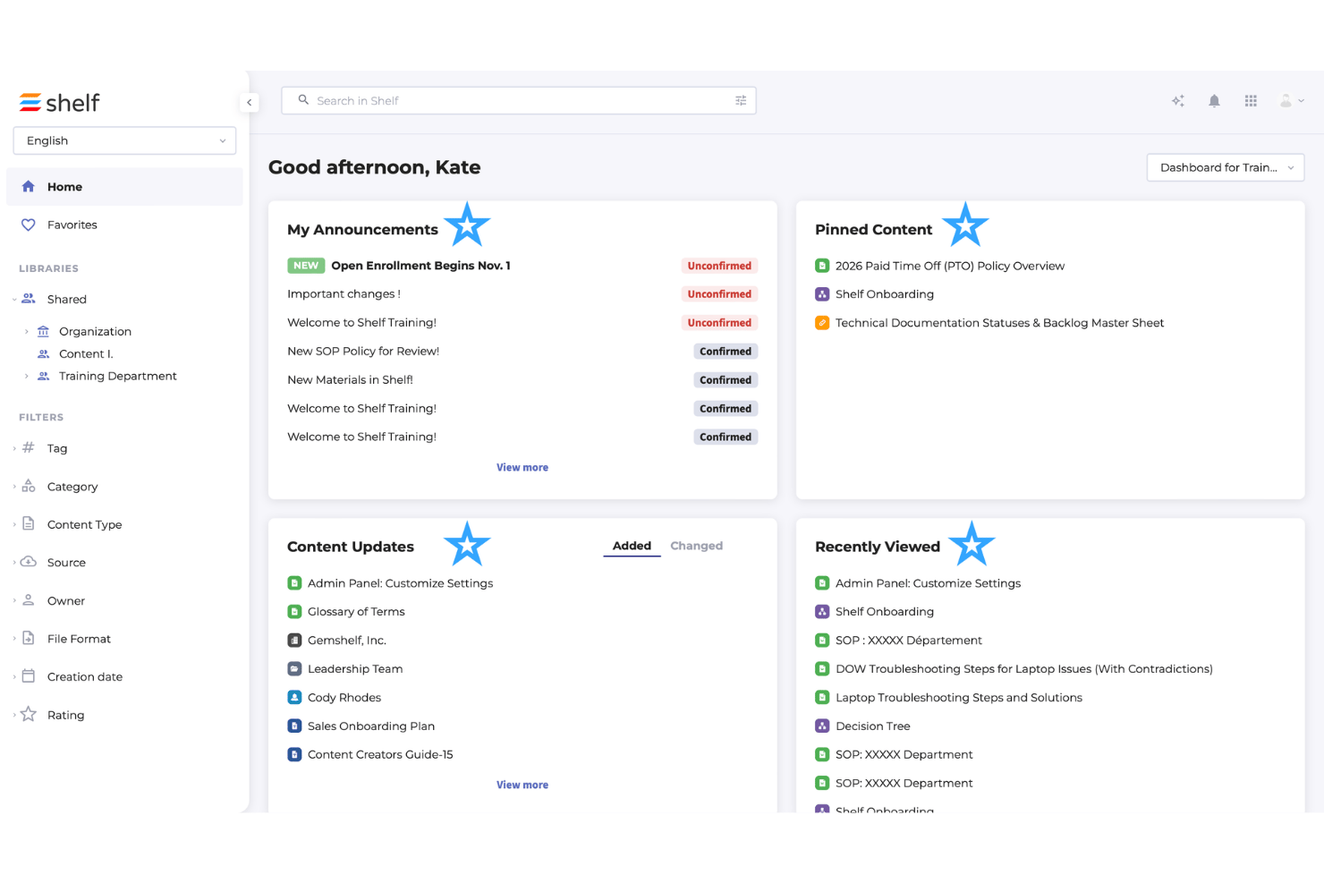 Shelf-Wissensmanagement-Dashboard mit Ankündigungen, angehefteten Inhalten und kürzlich erfolgten Aktualisierungen.