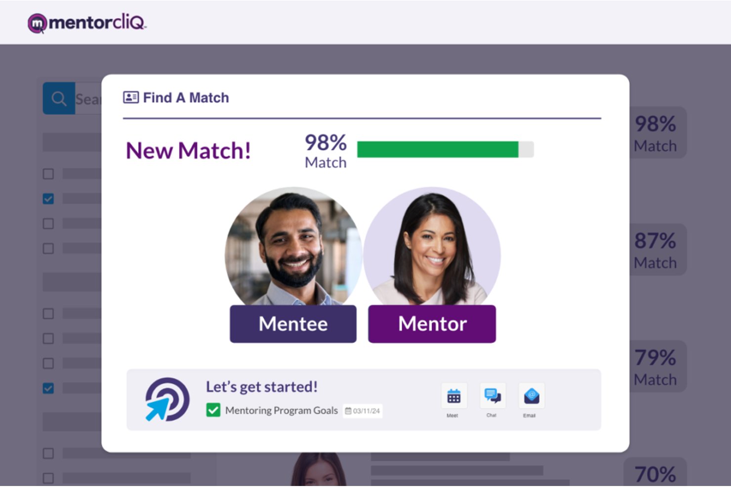 MentorcliQ UI showing a 98% mentor-mentee match with profile photos and action buttons.