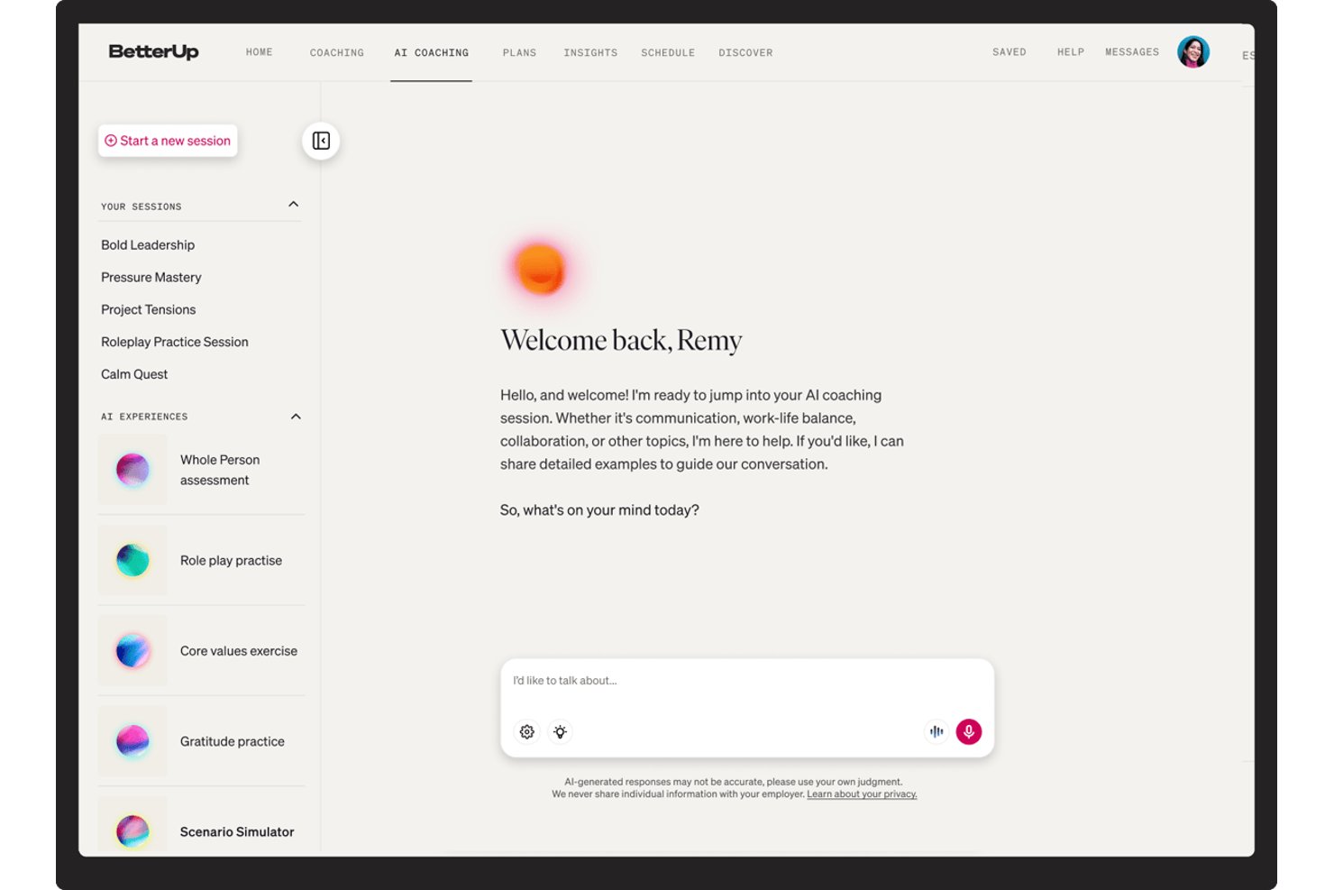 BetterUp AI coaching interface welcoming user Remy with a chat input field.