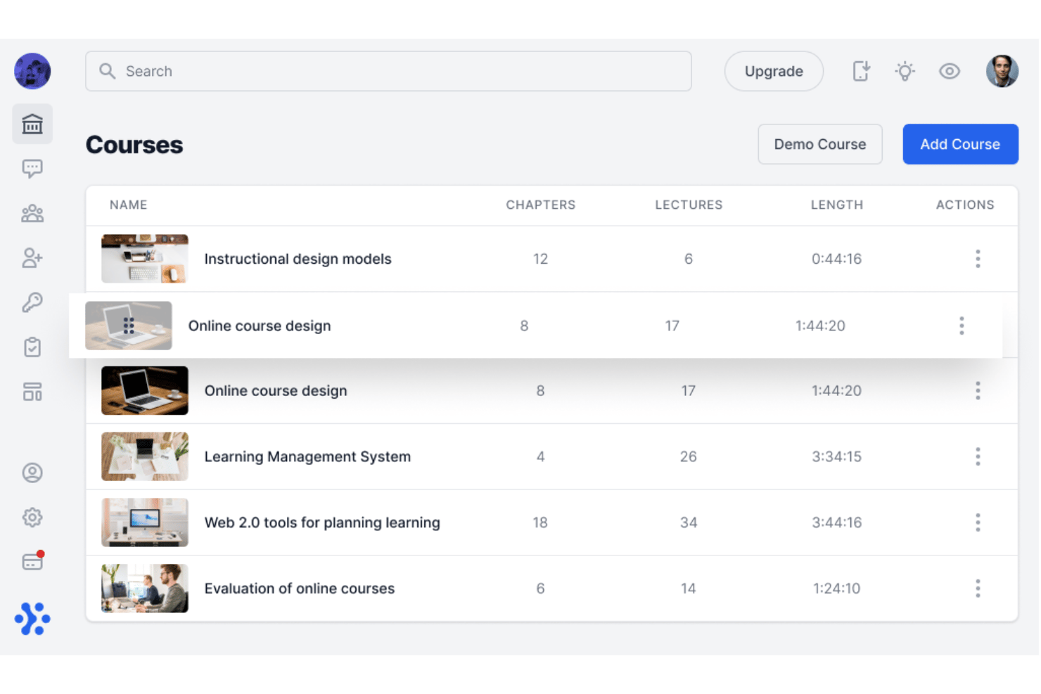 Course management dashboard listing five online courses with chapters, lectures, and duration.